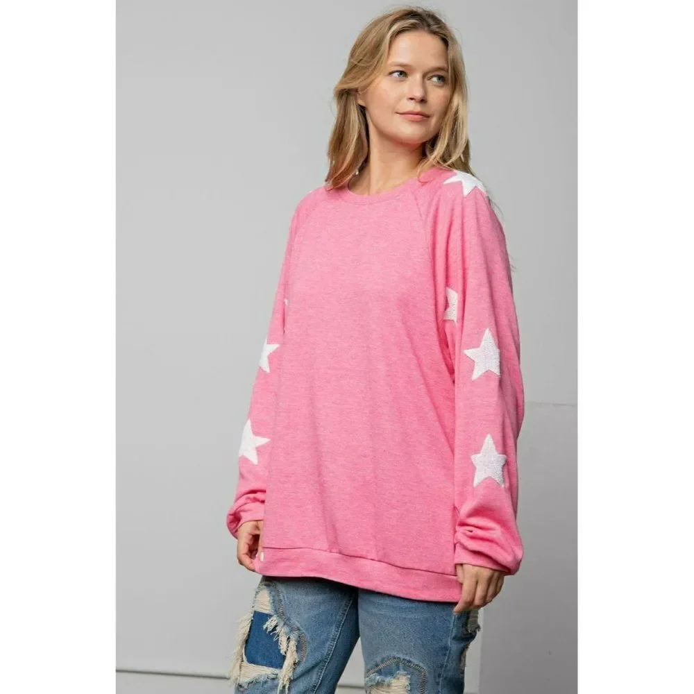 Easel Clothing Ultra Soft Hacci Pullover Star Print Slouchy Barbie Pink ET10831 - Picture 3 of 5